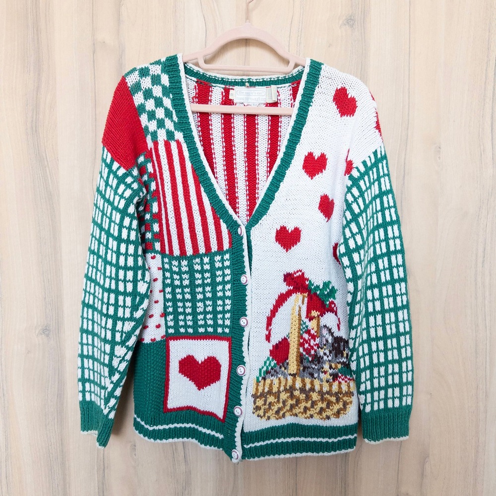 VTG Eagles Eye Womens 90s Patchwork Cardigan Size S Heart Basket Cat Valentines‎